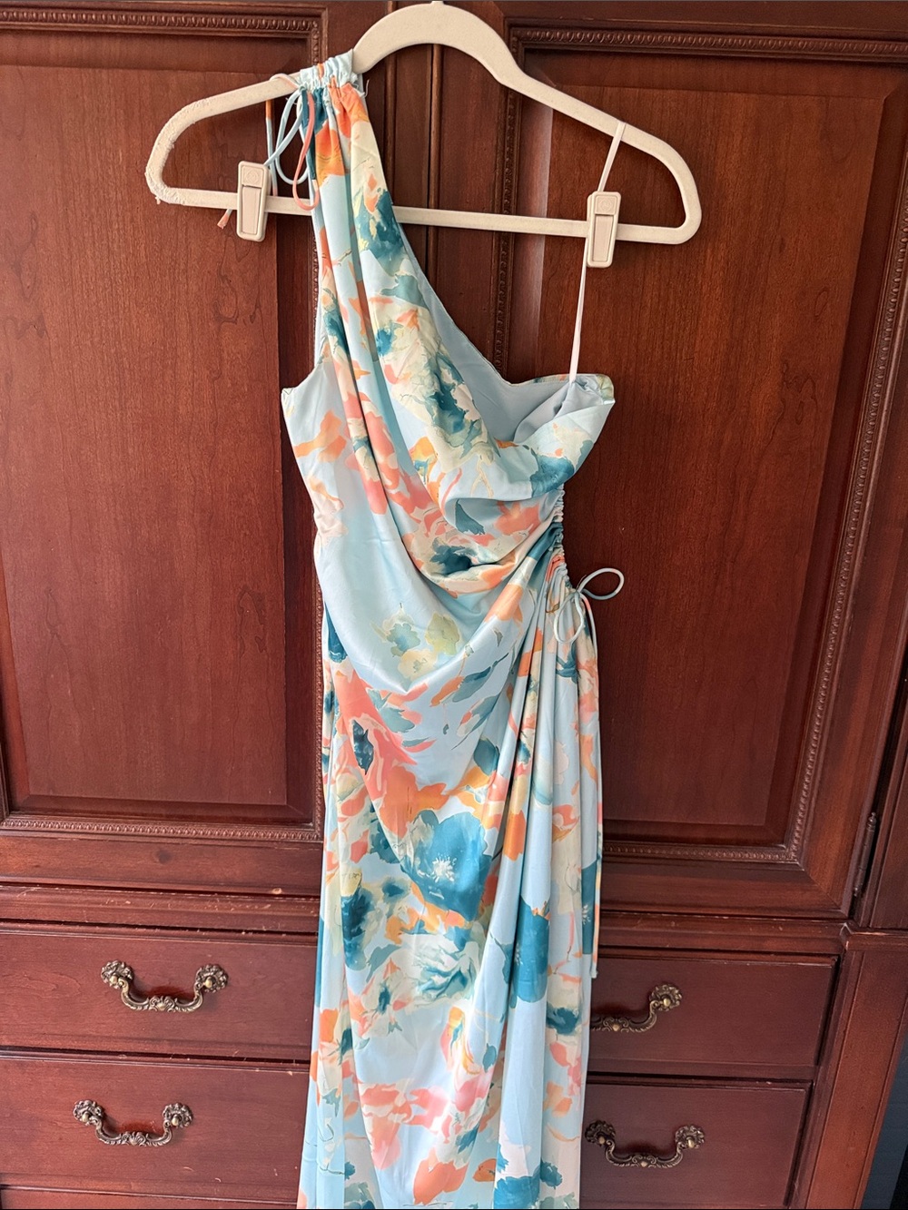 Petal and Pup One-Shoulder Floral Maxi Dress stretch in Light Blue and Coral
